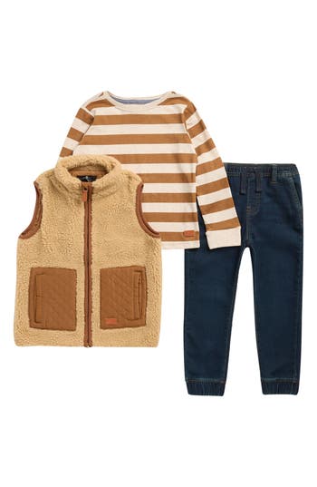 7 For All Mankind Kids' Faux Shearling Vest, Long Sleeve T-shirt & Jeans Set In Multi