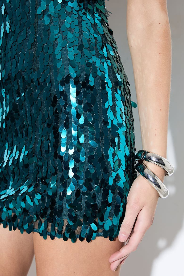 Dense Teardrop Sequin Mini Dress, Alternate, color, Teal