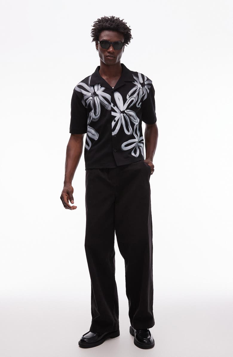 Topman Embroidered Boxy Cotton Button-Up Shirt, Alternate, color, Black