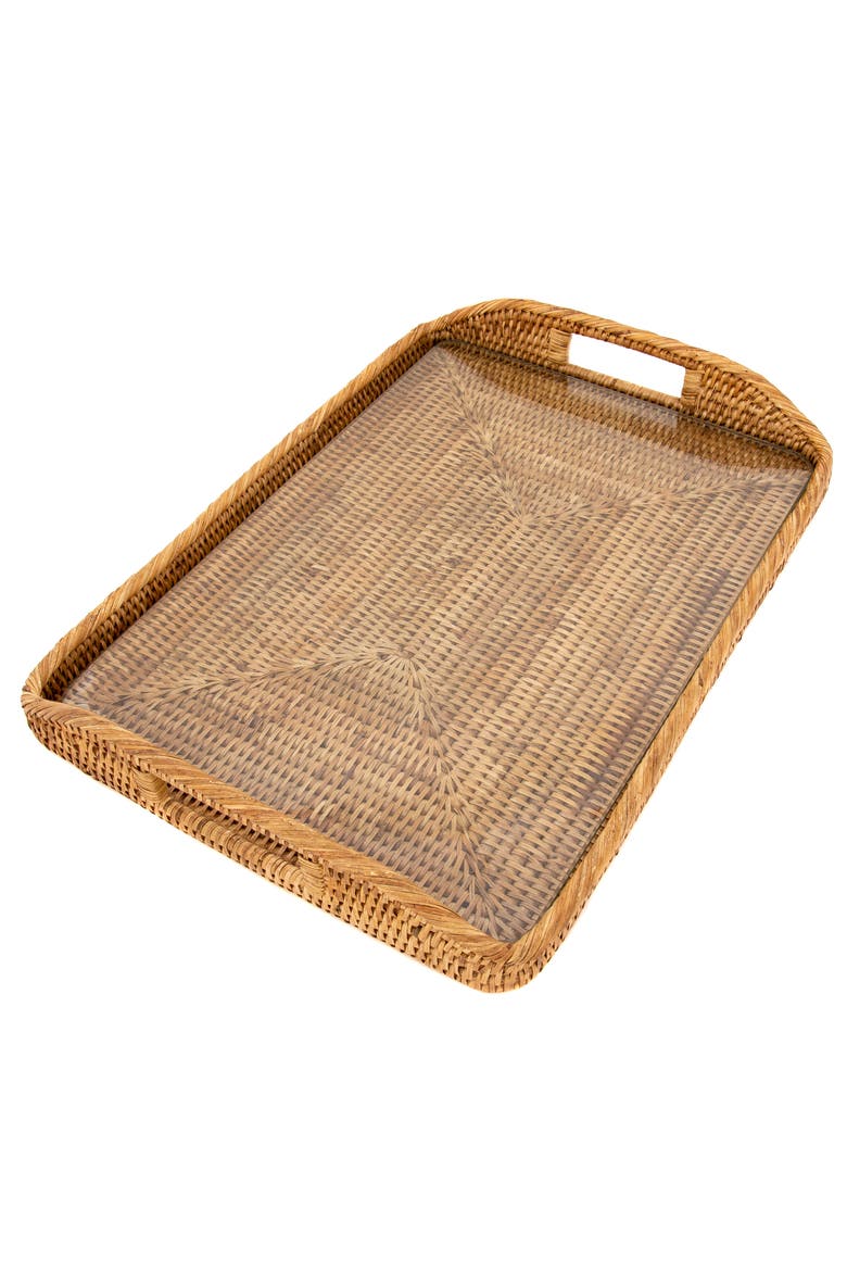 Artifacts Rattan Rectangular Tray with Glass Insert, Main, color, Honey Brown