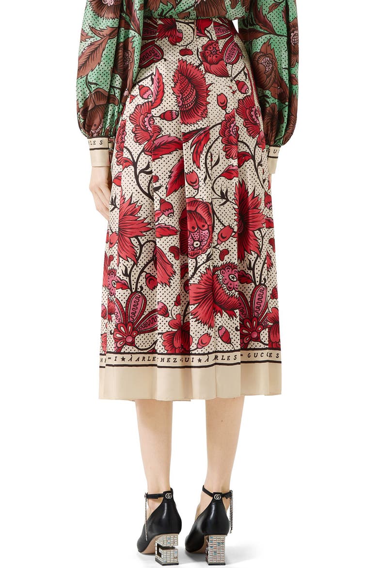 Watercolor Floral Print Pleated Silk Twill Midi Skirt, Alternate, color, FUCHSIA/ IVORY PRINT