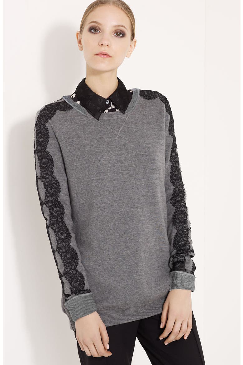 Lace Trim Wool Sweatshirt, Main, color, CHARCOAL GREY