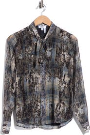 DKNY Crinkle Chiffon Tie Neck Top