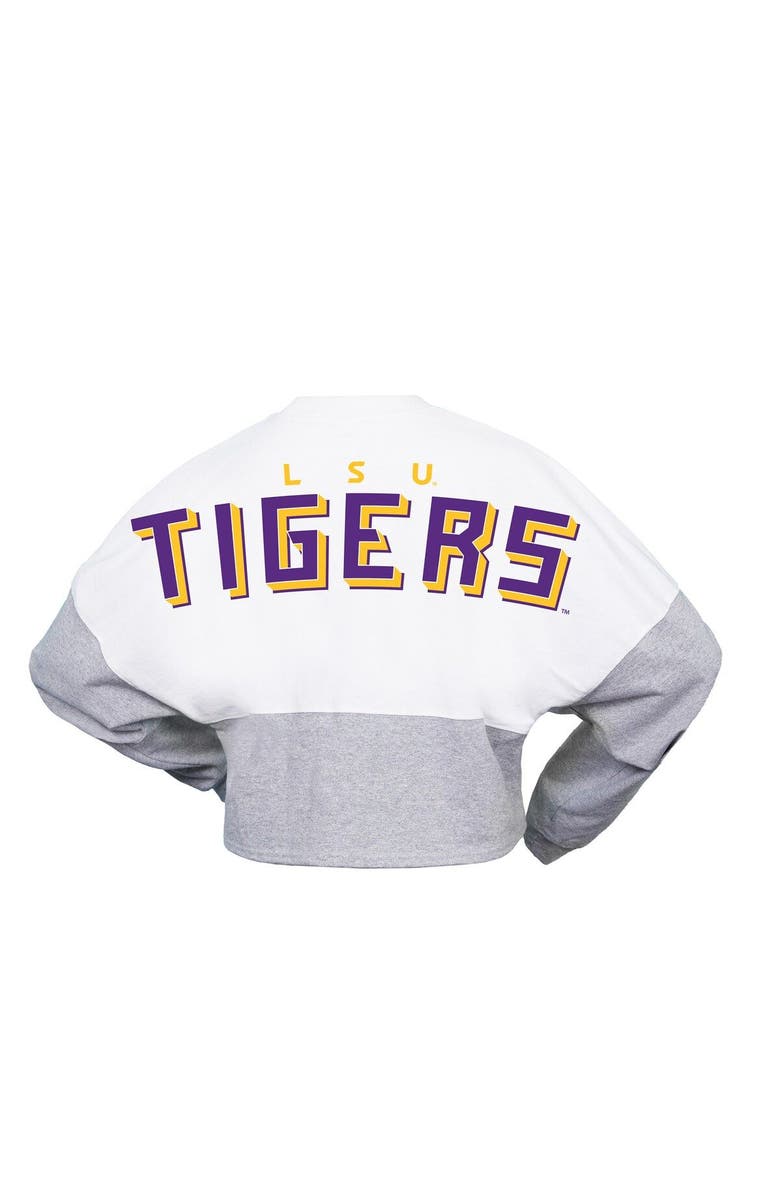 SPIRIT JERSEY Women's Spirit Jersey  White LSU Tigers Heather Block Cropped Long Sleeve Jersey T-Shirt, Alternate, color, White
