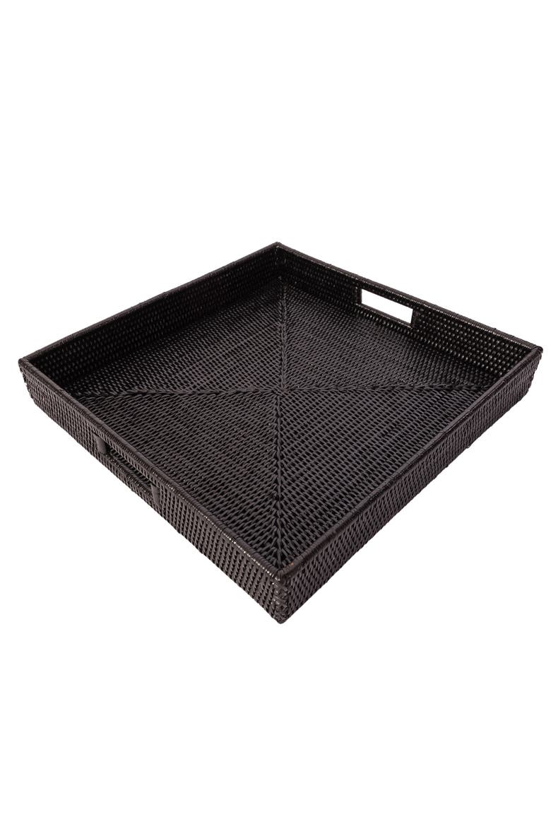 Square Rattan Ottoman Tray with Cutout Handles, Main, color, Tudor Black