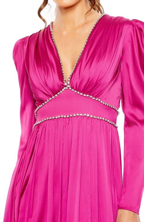 Mac Duggal Crystal Detail Satin Empire Waist Long Sleeve Gown In Magenta