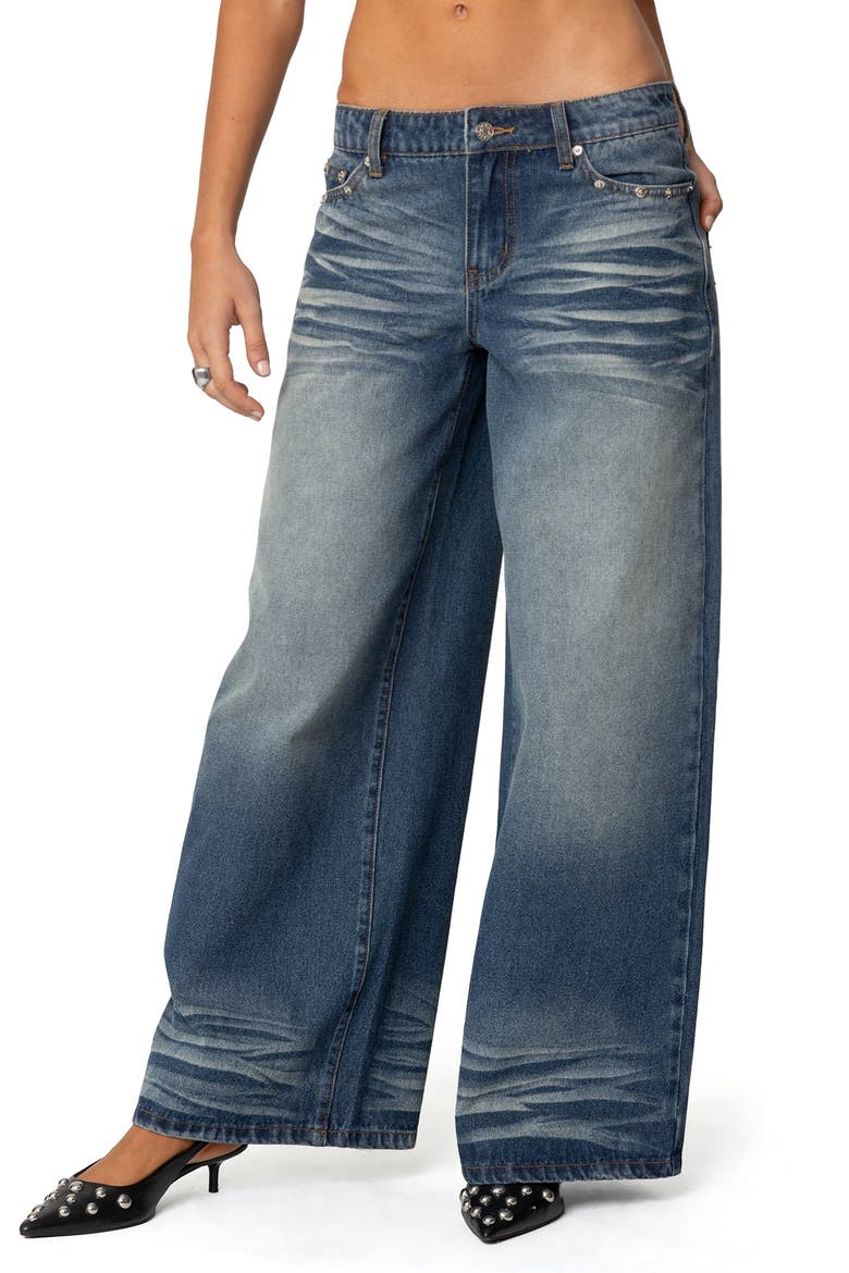 Faux Leather Pocket Low Rise Wide Leg Jeans, Main, color, BLUE