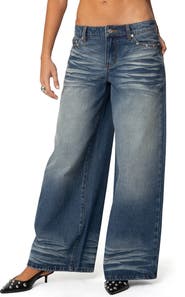 EDIKTED Faux Leather Pocket Low Rise Wide Leg Jeans