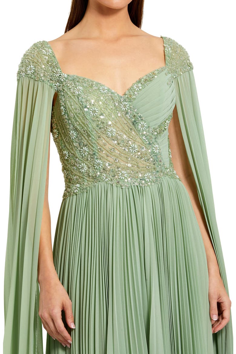 Cape Sleeve Pleated Charmeuse Beaded Gown, Alternate, color, Sage