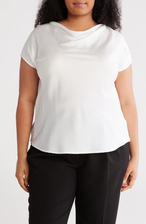 Cowl Neck Short Sleeve Satin Top (Plus)
