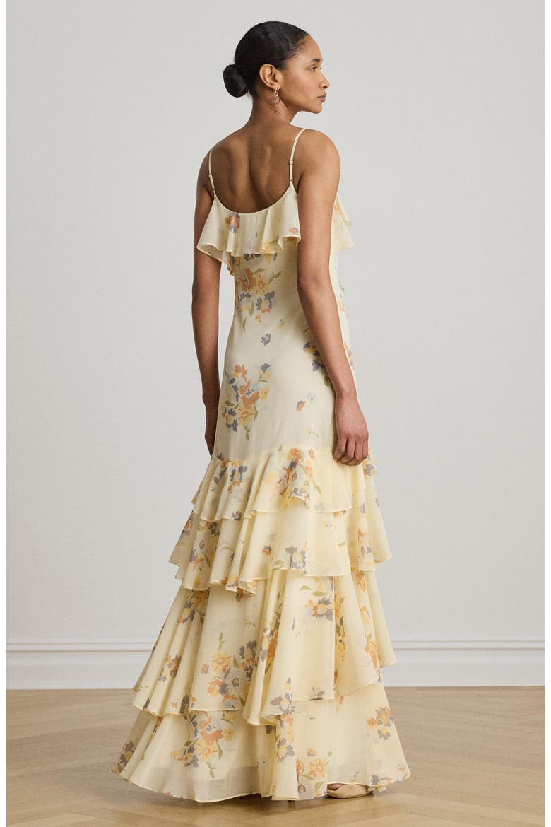 Ruffle Trim Tiered Georgette Gown, Alternate, color, CREAM/ MULTI