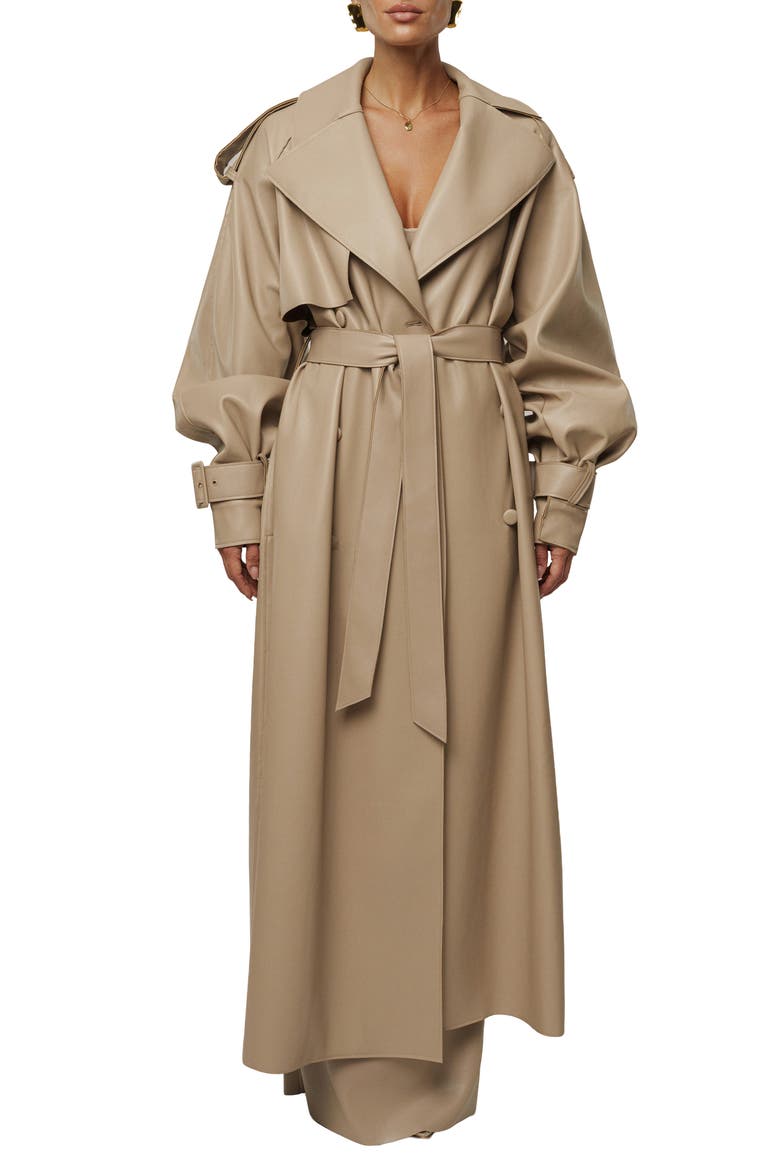 Icon Double Breasted Faux Leather Trench Coat, Main, color, TAN