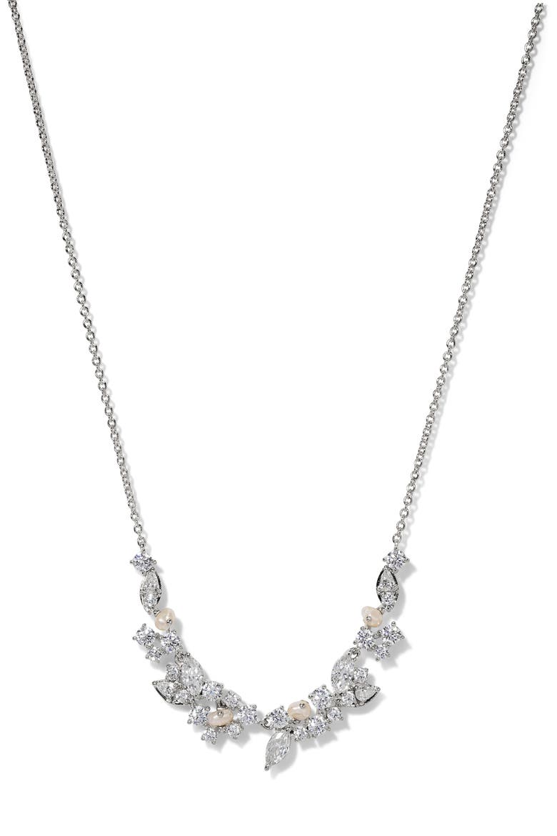 Ravish Laurel Cubic Zirconia & Cultured Pearl Frontal Necklace, Main, color, RHODIUM