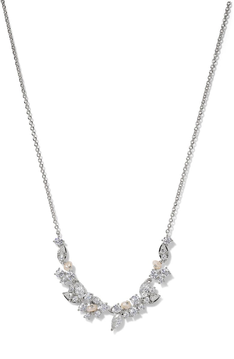Nadri Ravish Laurel Cubic Zirconia & Cultured Pearl Frontal Necklace, Main, color, Rhodium