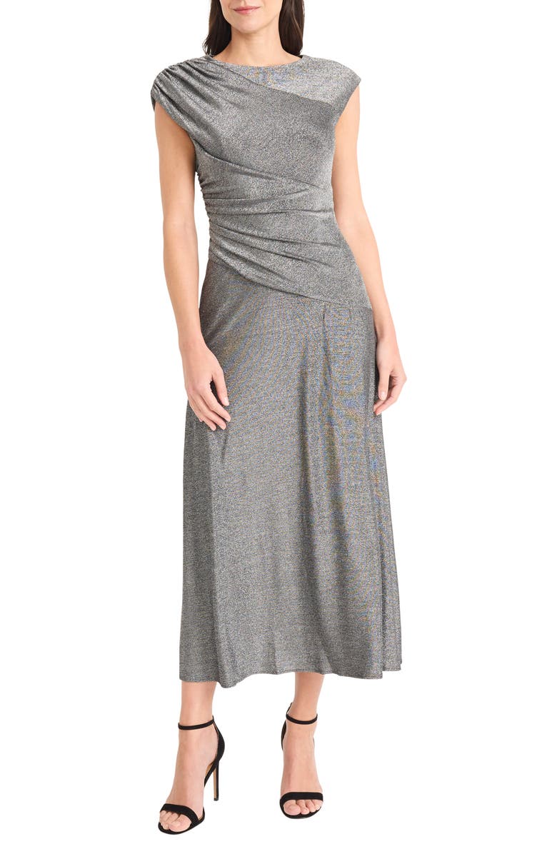 Maggy London Cap Sleeve Metallic Midi Dress, Main, color, Silver