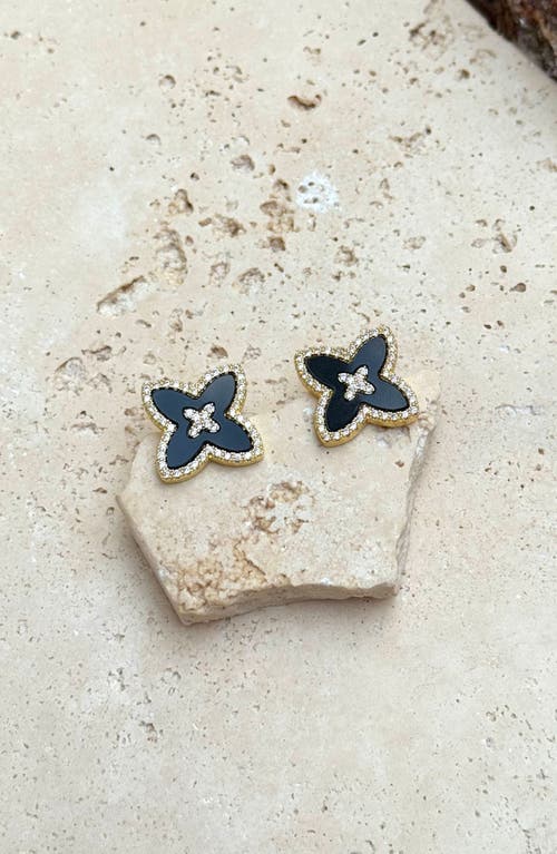 Adornia 14k Gold Plated Cz Black Statement Flower Stud In Black