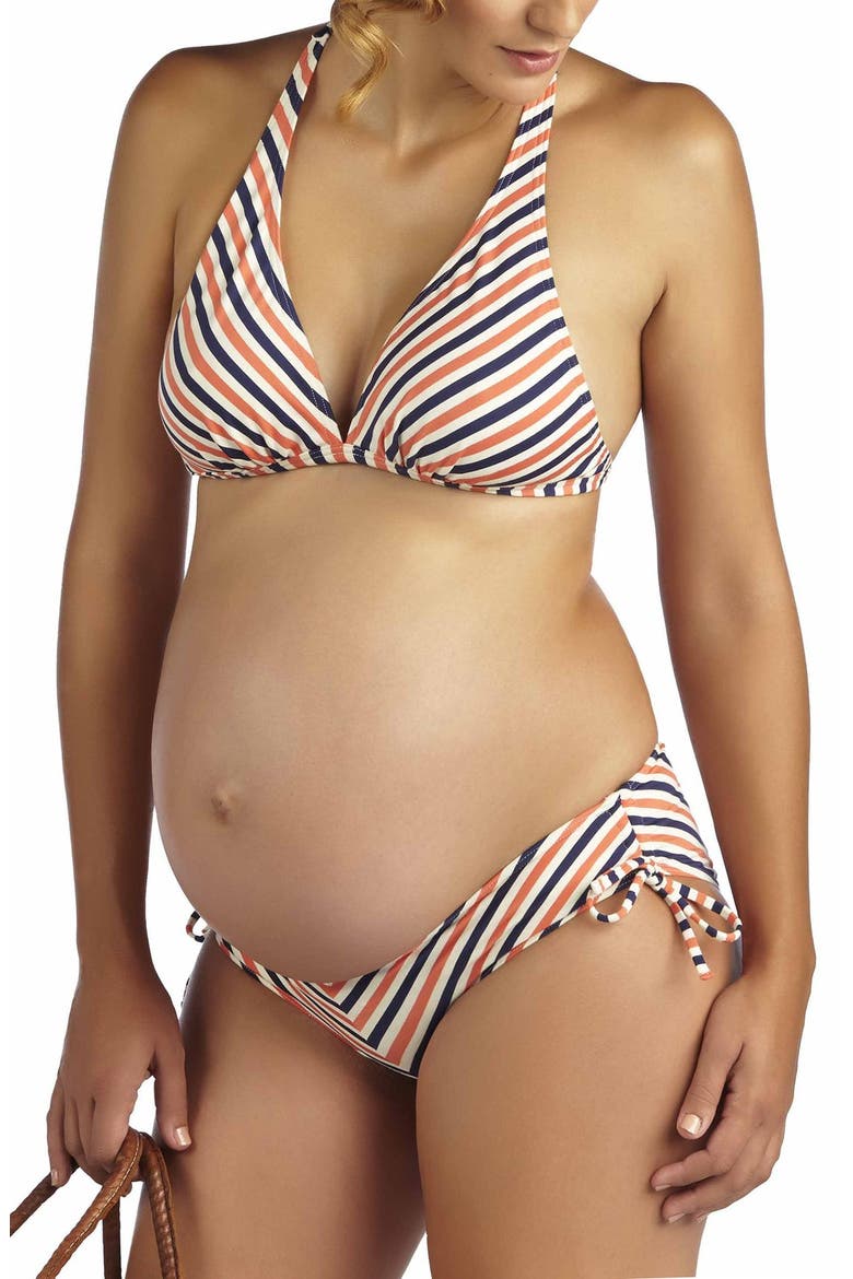 'Mykonos' Chevron Stripe Maternity Bikini, Main, color, ORANGE/ NAVY