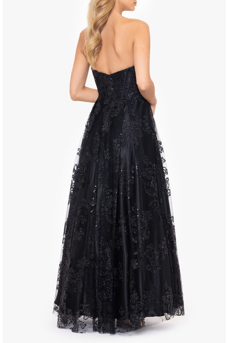 Glitter Mesh Corset Strapless A-Line Gown, Alternate, color, BLACK