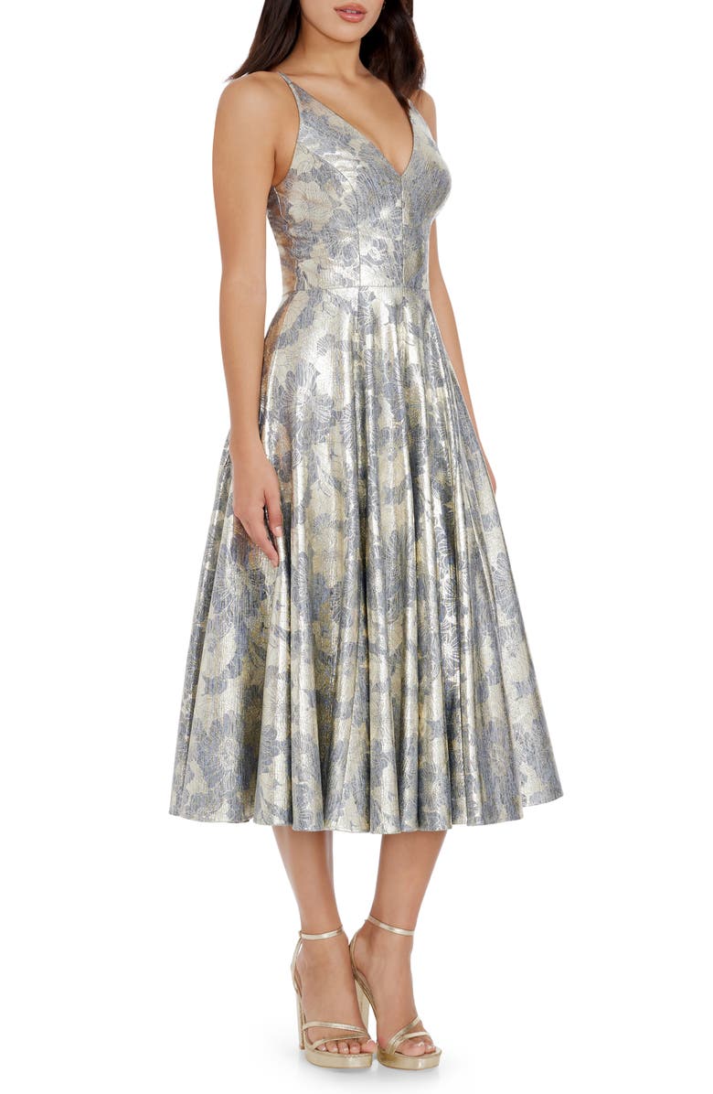 Dress the Population Delilah Metallic Floral Fit & Flare Midi Dress, Alternate, color, Pewter Multi