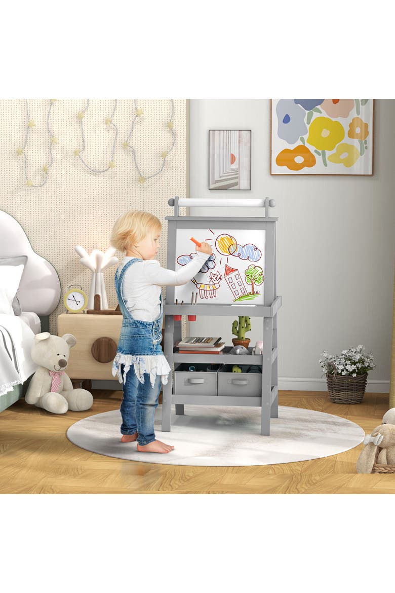 Kids Double Sided Art Easel with Paper Roll, Magnetic Boards & Storage, Alternate, color, Gray