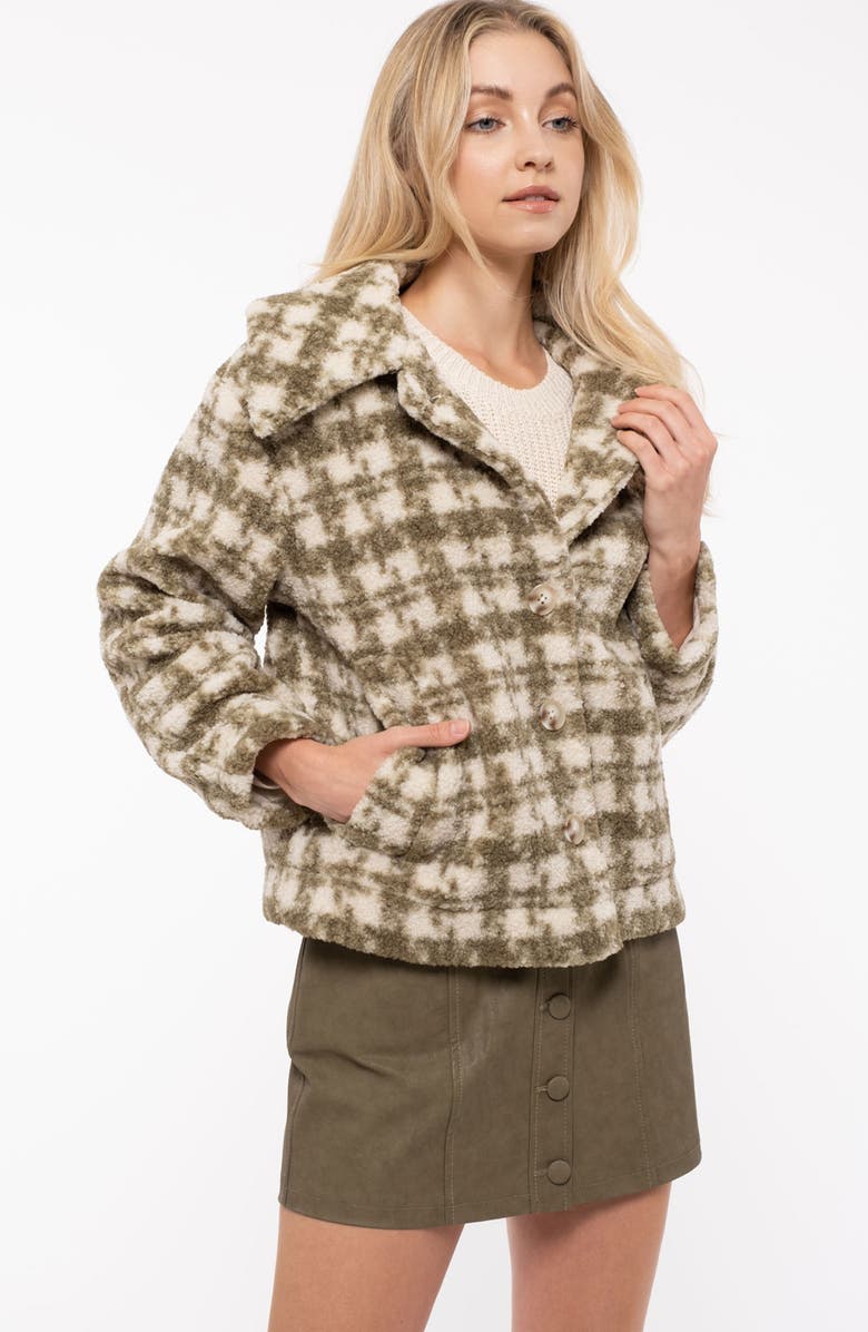 Blu Pepper Houndstooth Faux Shearling Jacket, Alternate, color, Olive