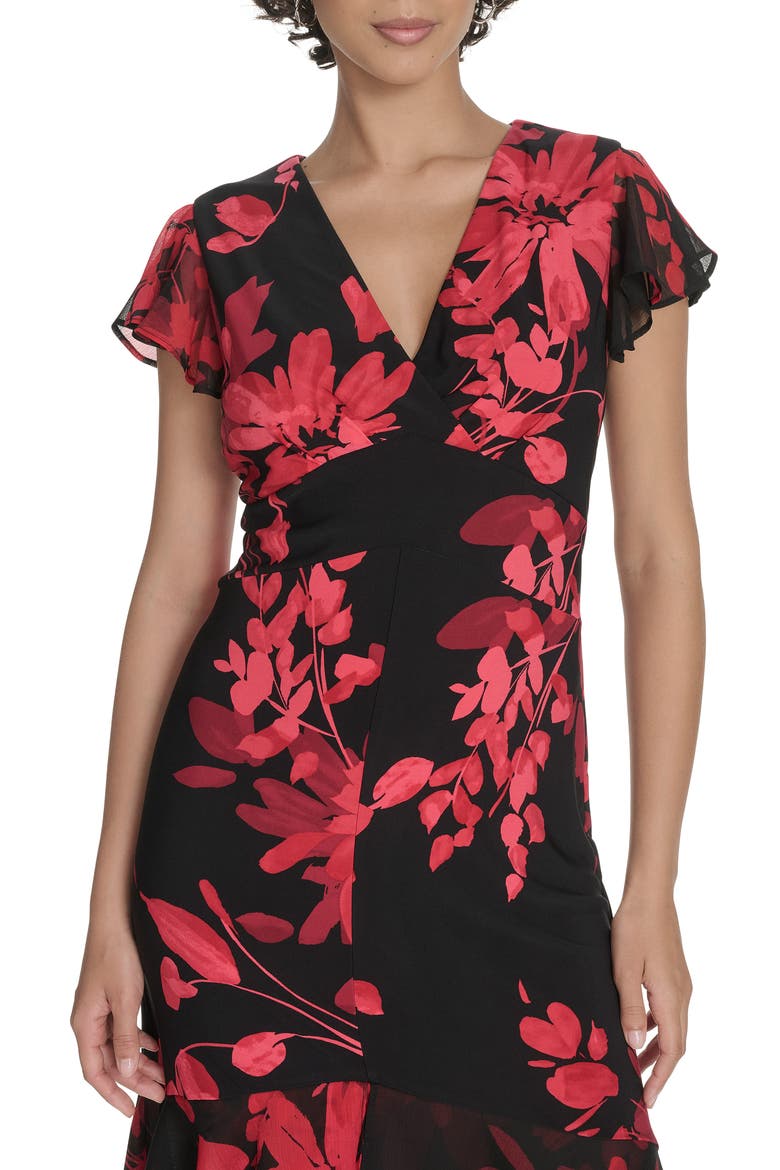 Chiffon Flutter Sleeve Midi Dress, Alternate, color, DEEP SCARLET MULTI