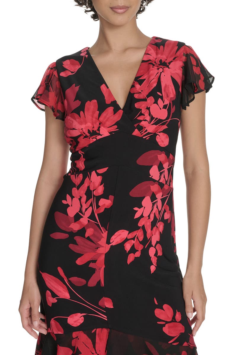 Tommy Hilfiger Chiffon Flutter Sleeve Midi Dress, Alternate, color, Deep Scarlet Multi