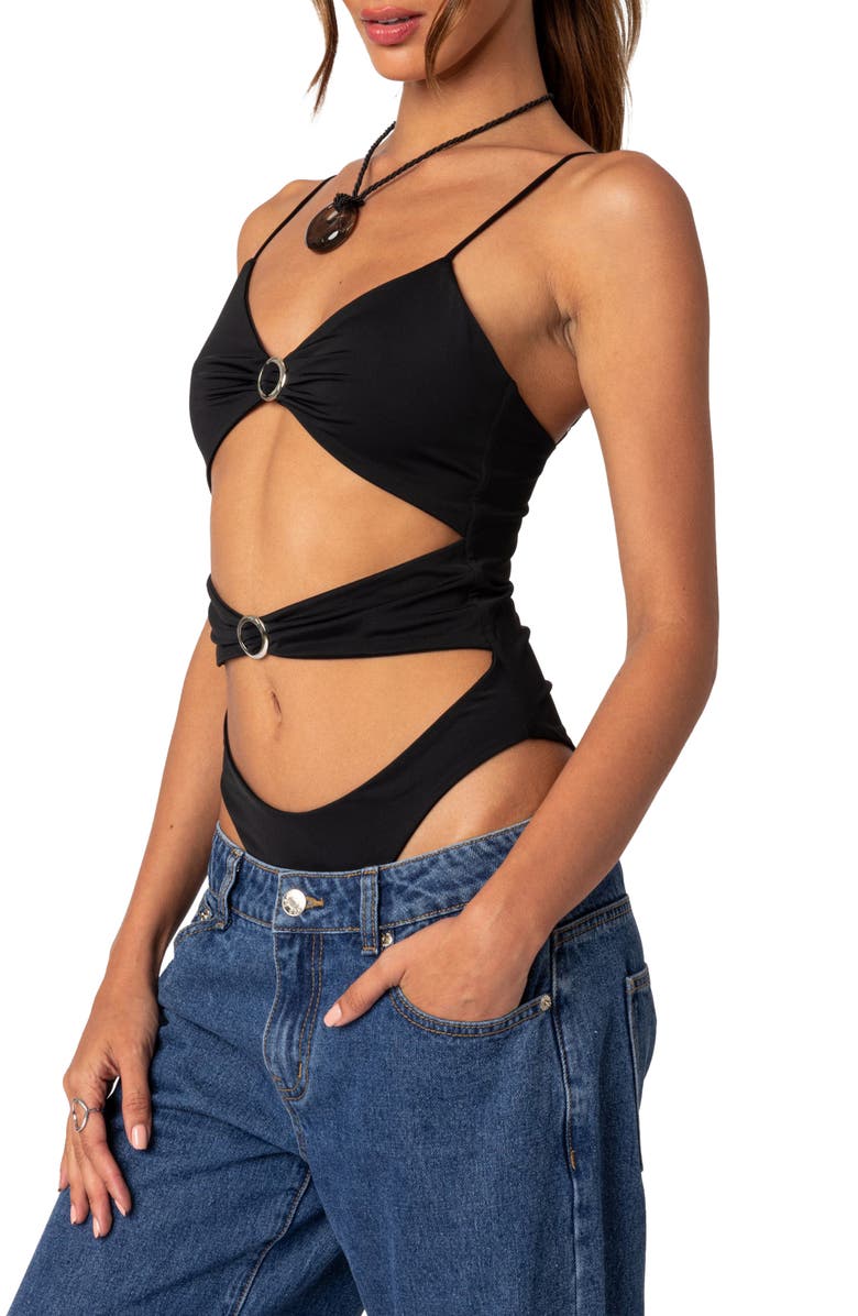 EDIKTED Amethyst Cutout Bodysuit, Alternate, color, Black