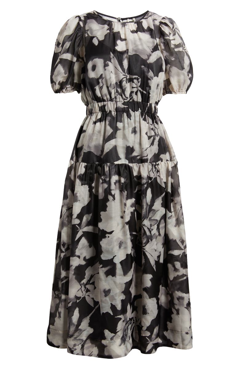 Anne Klein Floral Tiered Puff Sleeve Midi Dress, Alternate, color, Anne Black Multi