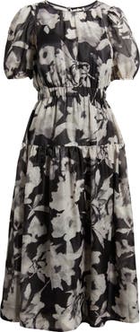 Anne Klein Floral Tiered Puff Sleeve Midi Dress