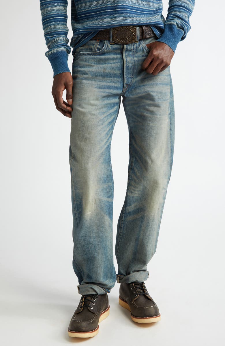 Double RL Distressed Selvedge Straight Fit Jeans, Main, color, Milner Wash