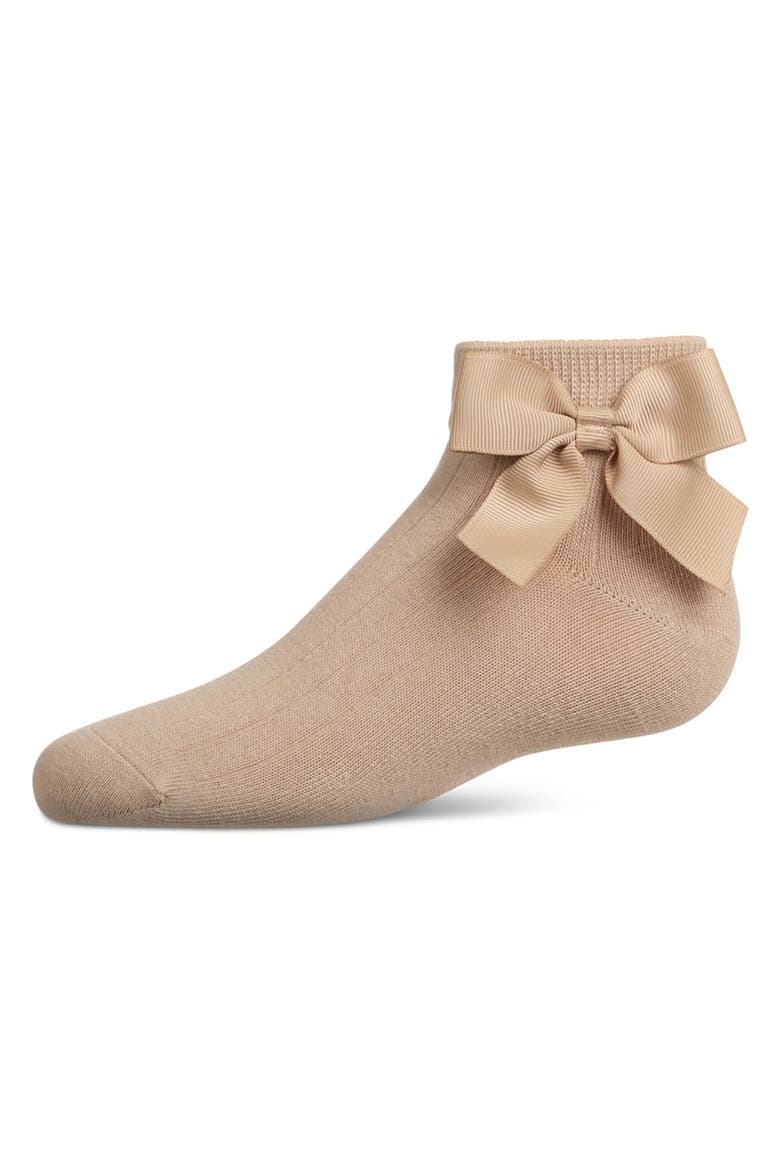 Ribbed Bow Anklet Socks, Main, color, Tan