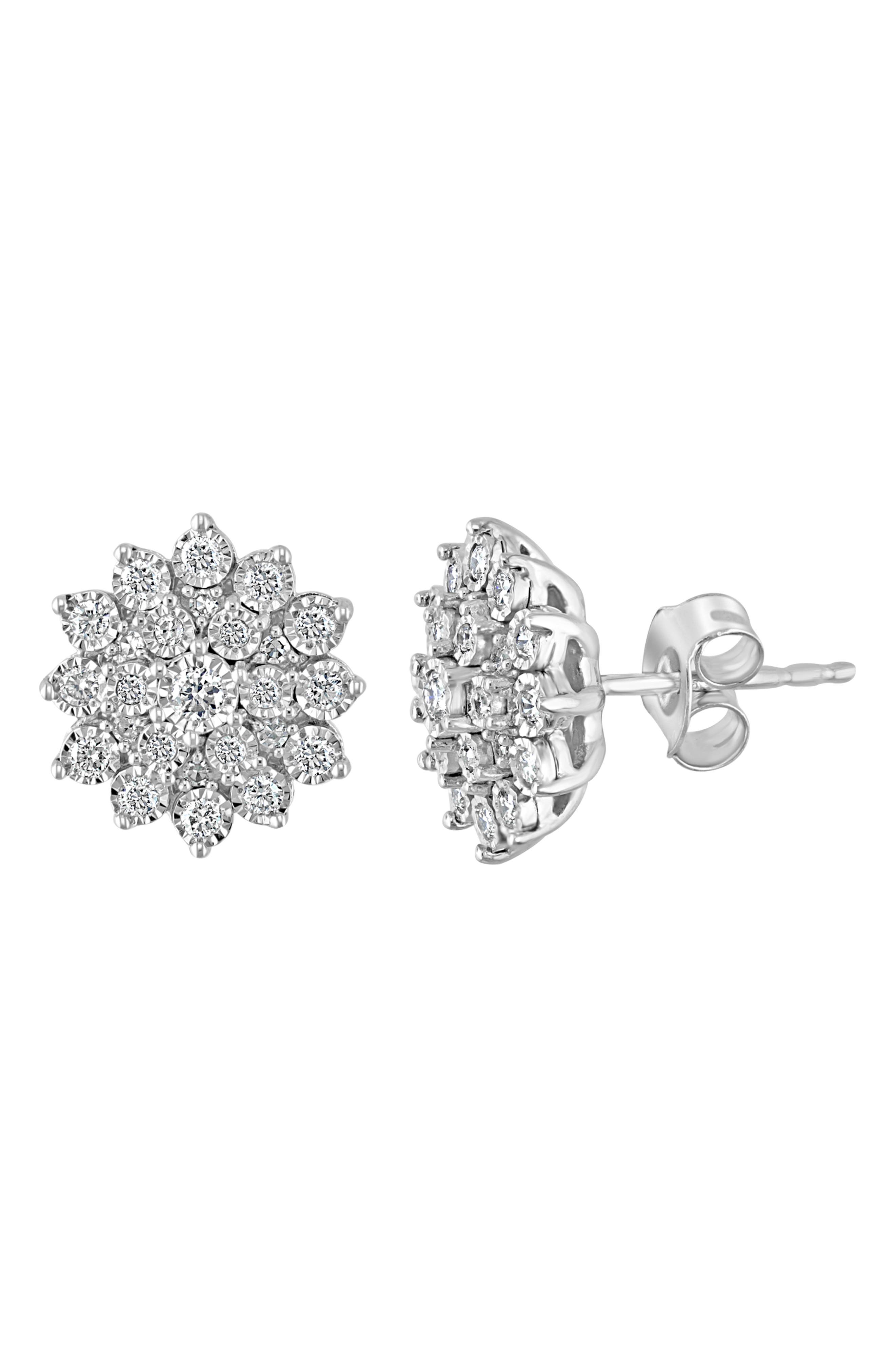 Sterling Silver Diamond Flower Cluster Stud Earrings