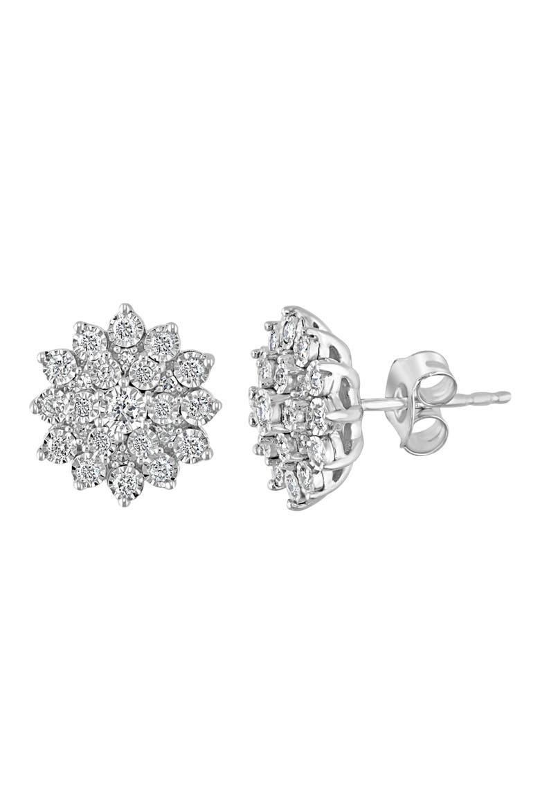 Sterling Silver Diamond Flower Cluster Stud Earrings, Main, color, SILVER
