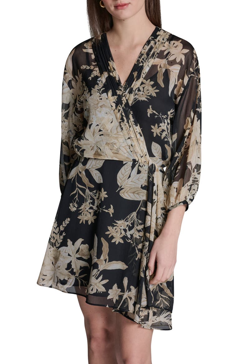 Floral Smocked Chiffon Minidress, Main, color, BLACK MULTI