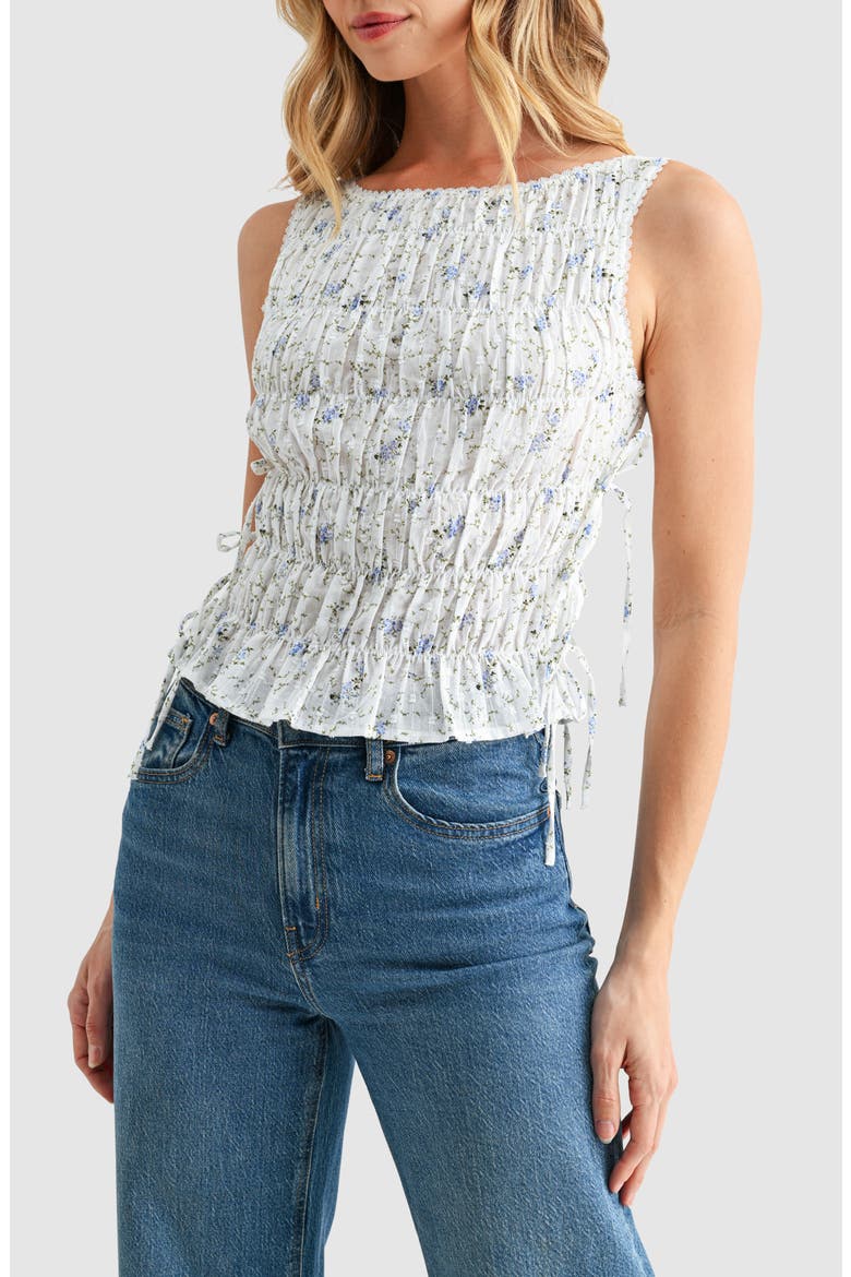 Floral Smocked Side Tie Cotton Tank, Main, color, BLUE DITSY