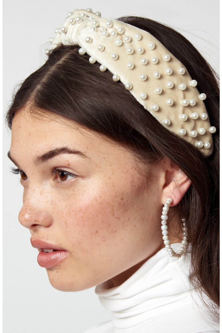 Imitation Pearl Embellished Velvet Headband, Alternate, color, IVORY