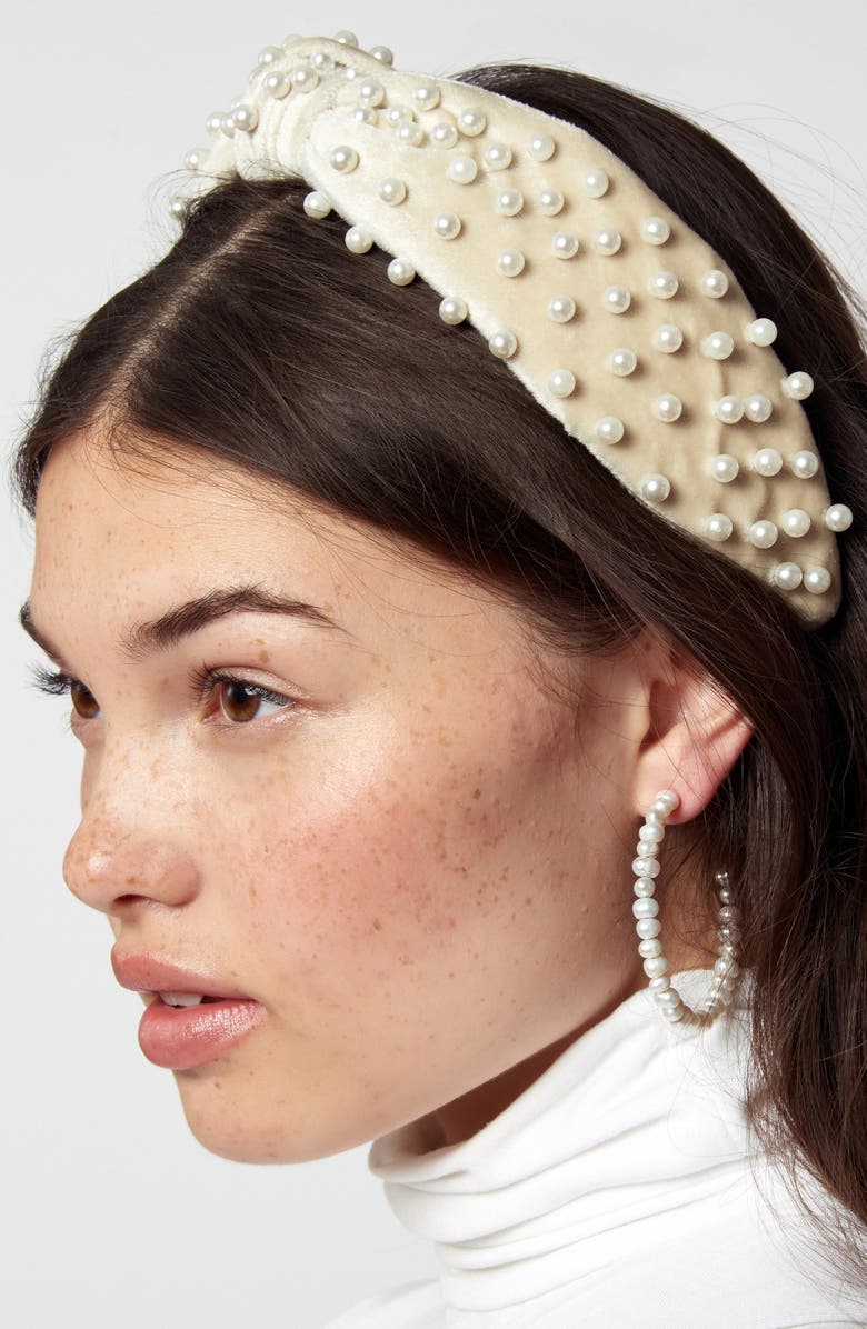 Lele Sadoughi Imitation Pearl Embellished Velvet Headband, Alternate, color,