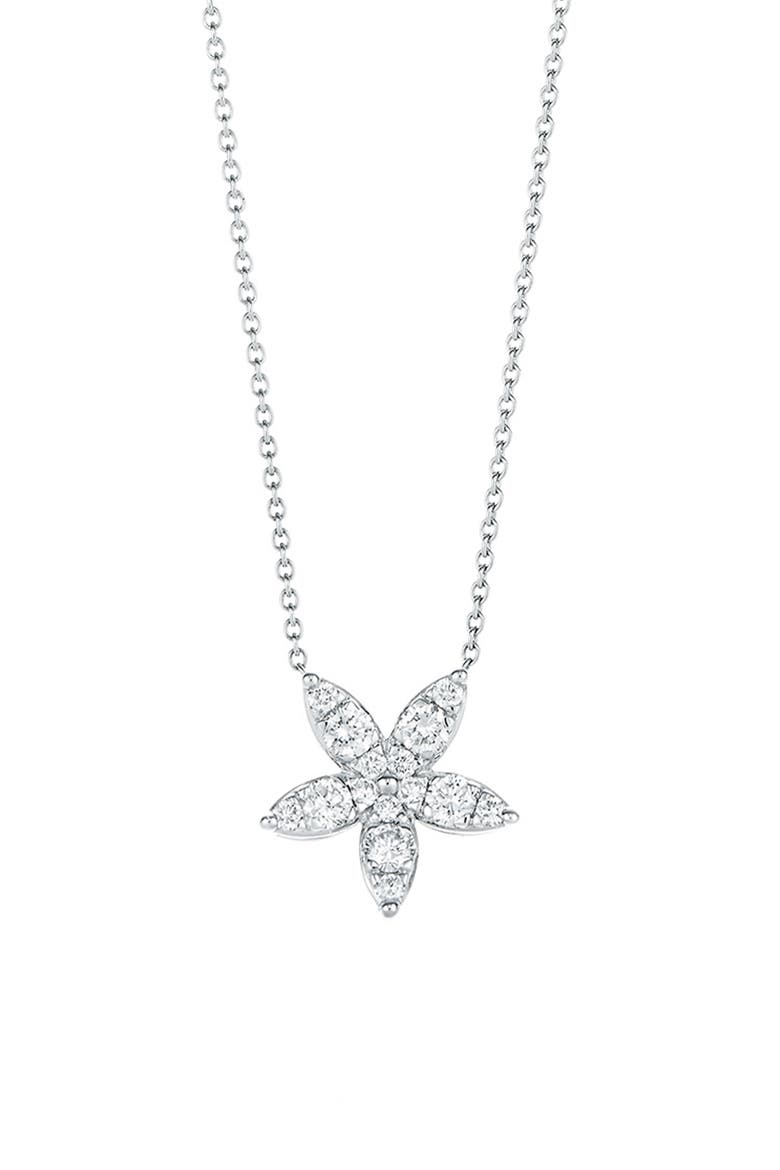 Diamond Sunburst Flower Pendant Necklace, Main, color, WHITE GOLD