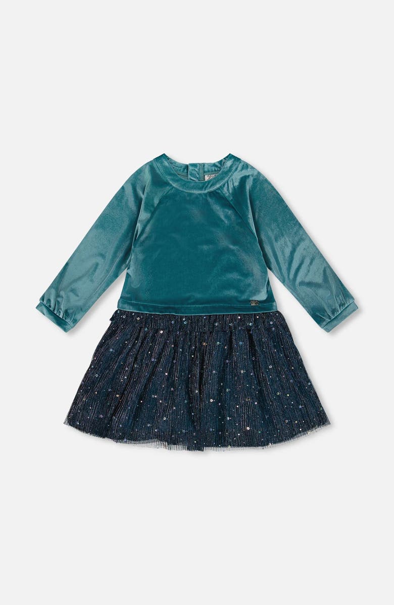 Deux par Deux Long Sleeve Bi-Material Velvet and Pleated Mesh Dress, Main, color, 