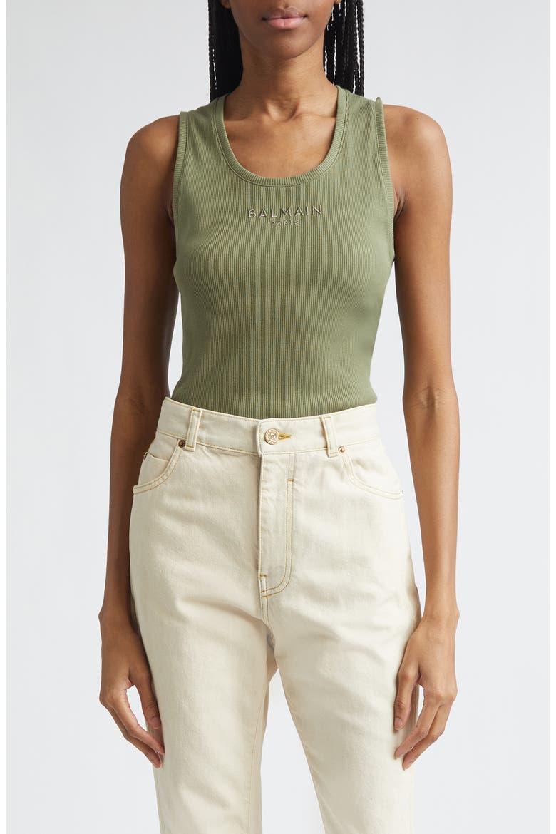 Paris Logo Embroidered Cotton Jersey Tank, Main, color, UIY GREEN/ MULTI