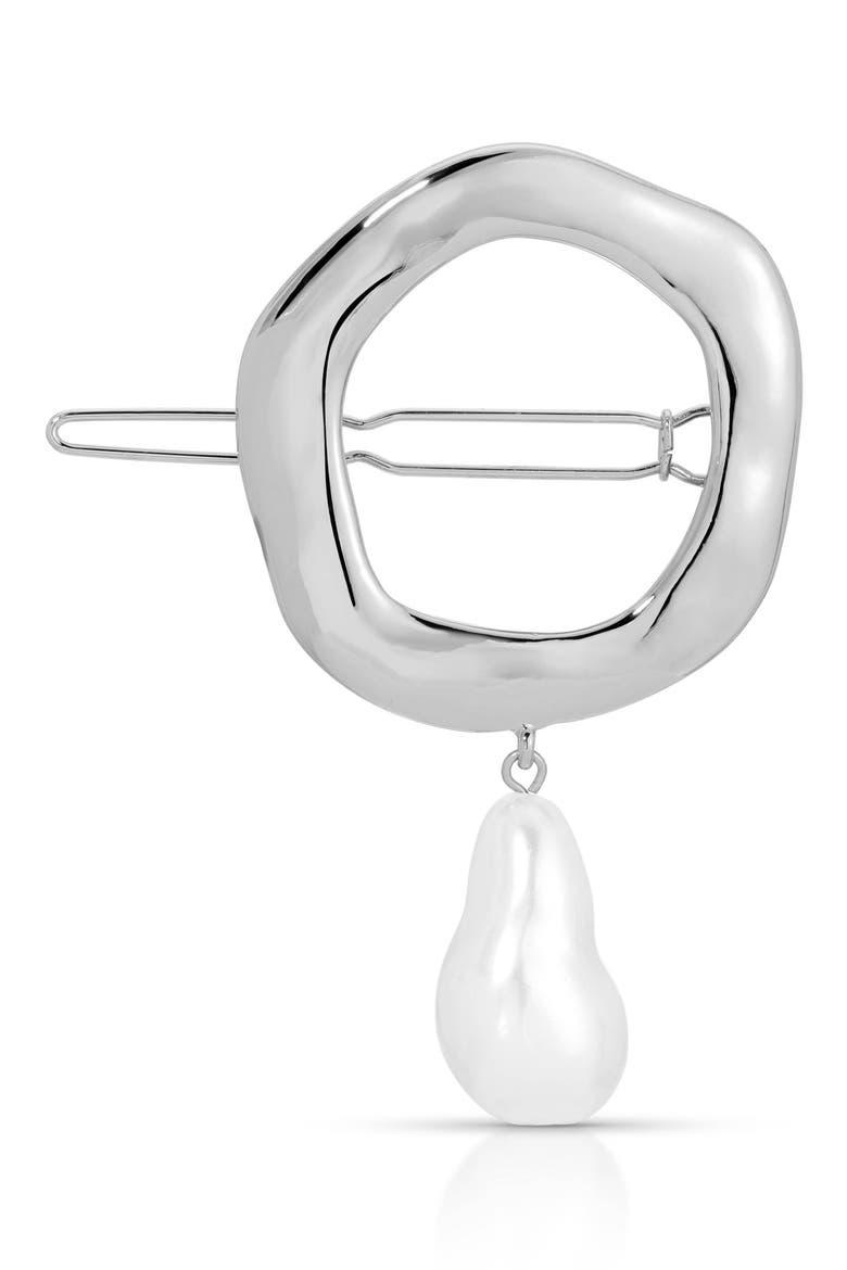 Open Circle Imitation Pearl Barrette, Main, color, SILVER