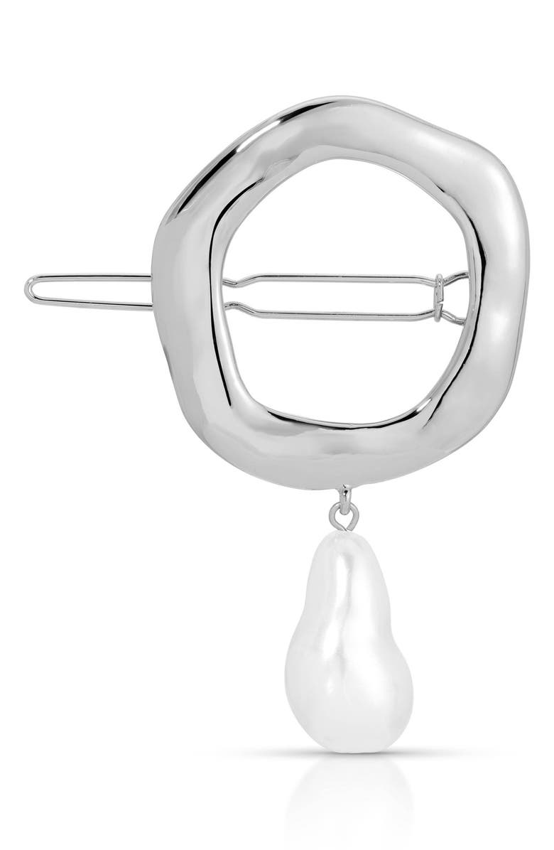 Ettika Open Circle Imitation Pearl Barrette, Main, color, Silver