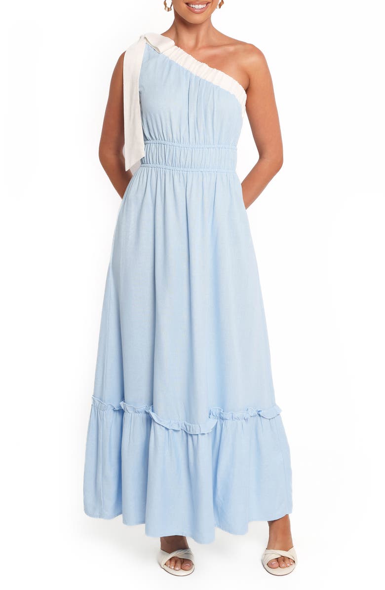 Petal & Pup Gilda One-Shoulder Maxi Dress, Main, color, Blue/ White
