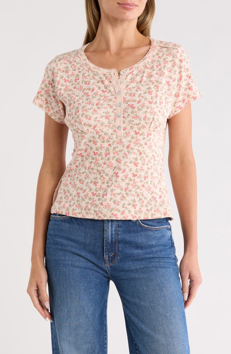 Lucky Brand Short Sleeve Henley Tee, Main, color, Peach Multi Floral