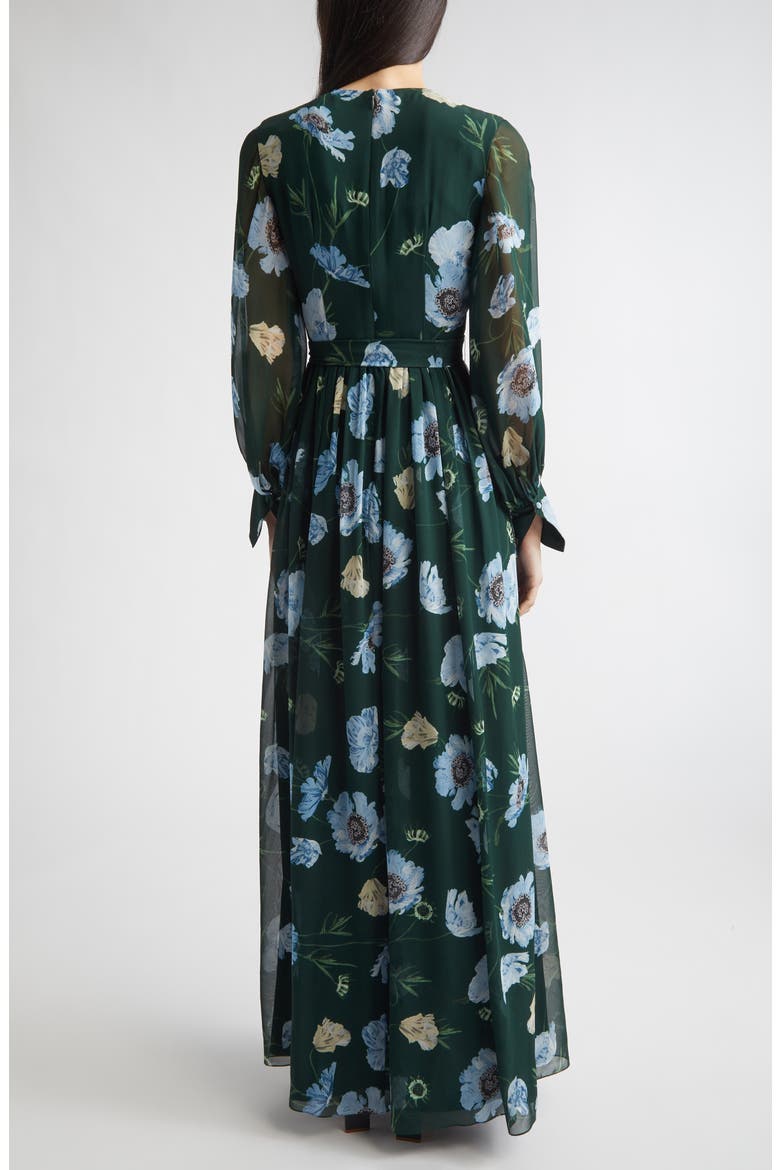 Floral Long Sleeve Silk Voile Gown, Alternate, color, BELLE EPOQUE POPPY DARK GREEN