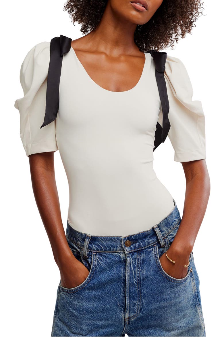 What a Girl Wants Bow Puff Sleeve Bodysuit, Main, color, JET STREAM