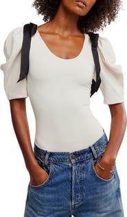 Free People What a Girl Wants Bow Puff Sleeve Bodysuit