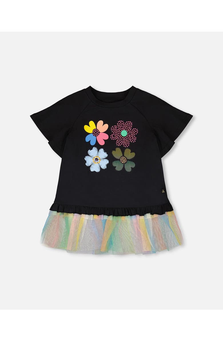 Deux par Deux Organic Cotton Short Sleeve Tunic with Mesh Frill, Main, color, Black