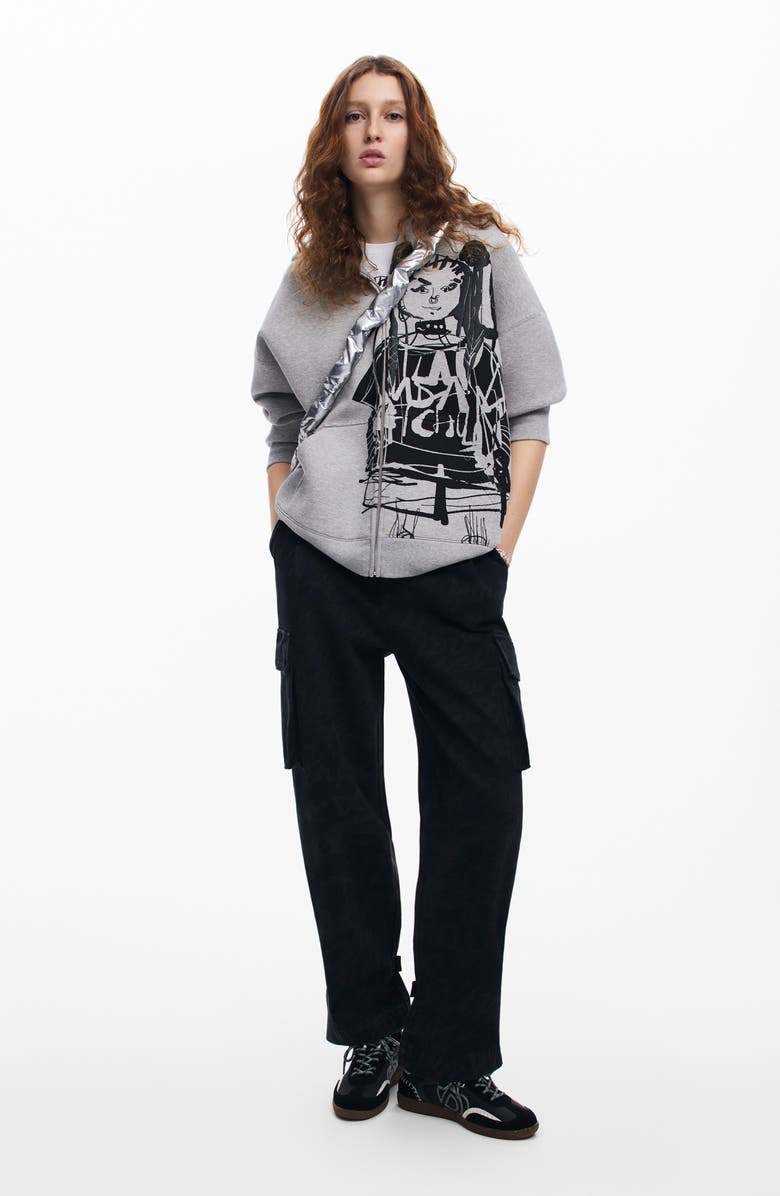 Desigual Front Zip Cotton Blend Hoodie, Alternate, color,